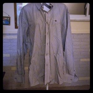 Gray and white stripe button up shirt.